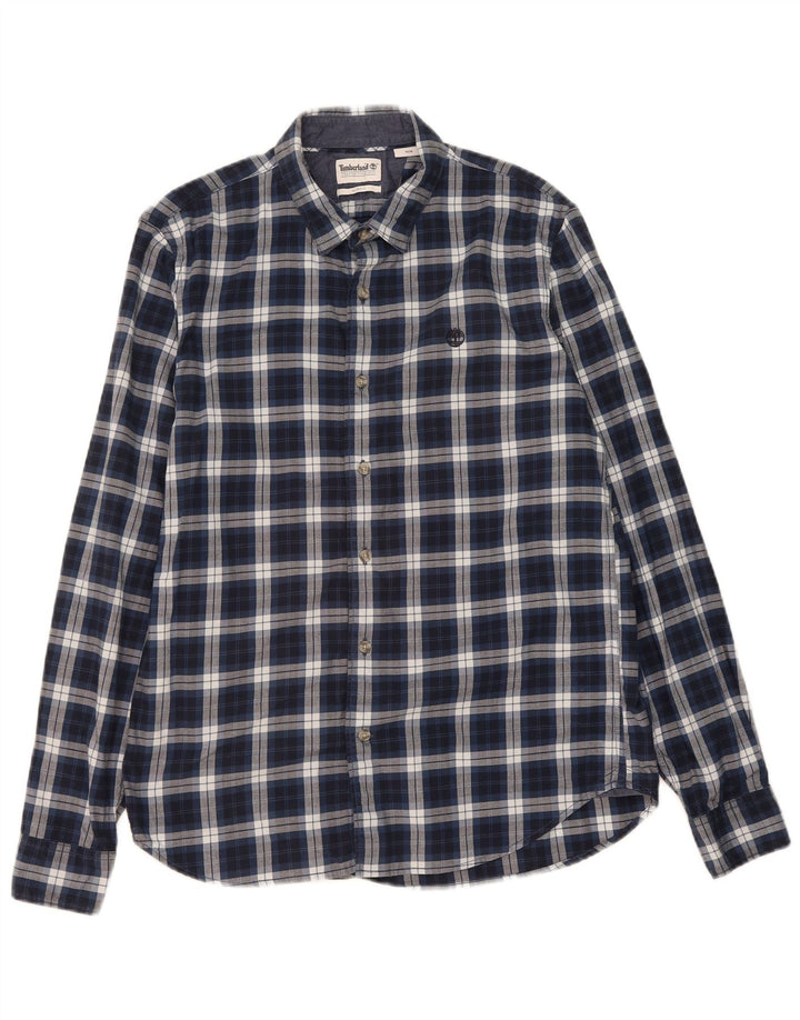 TIMBERLAND Mens Slim Fit Flannel Shirt Medium Navy Blue Check Cotton