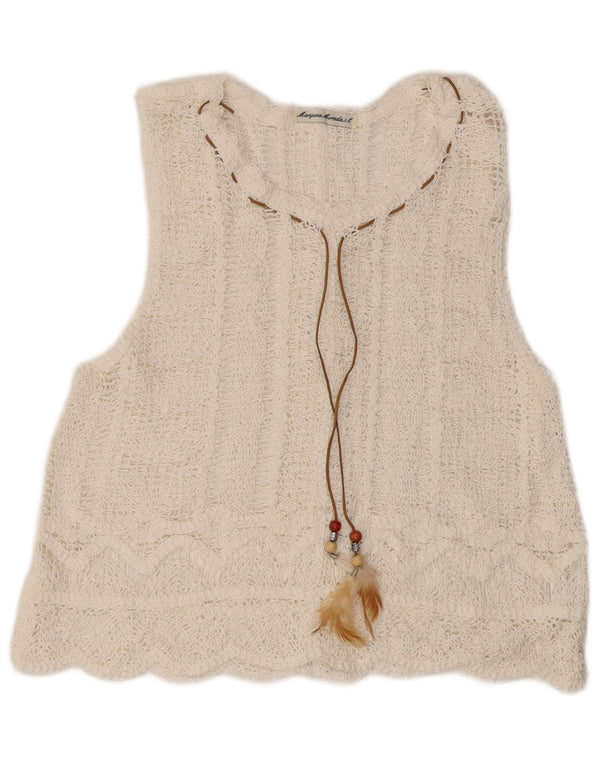 Vintage ženska heklana bluza bez rukava UK 12 Srednje bijeli pamuk