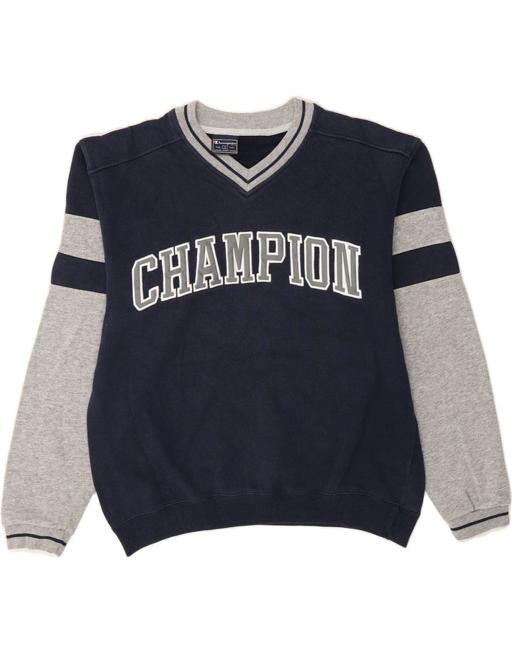 CHAMPION Mens Graphic Sweatshirt Jumper Small Navy Blue Colourblock Vintage Champion and Second-Hand Champion from Messina Hembry 