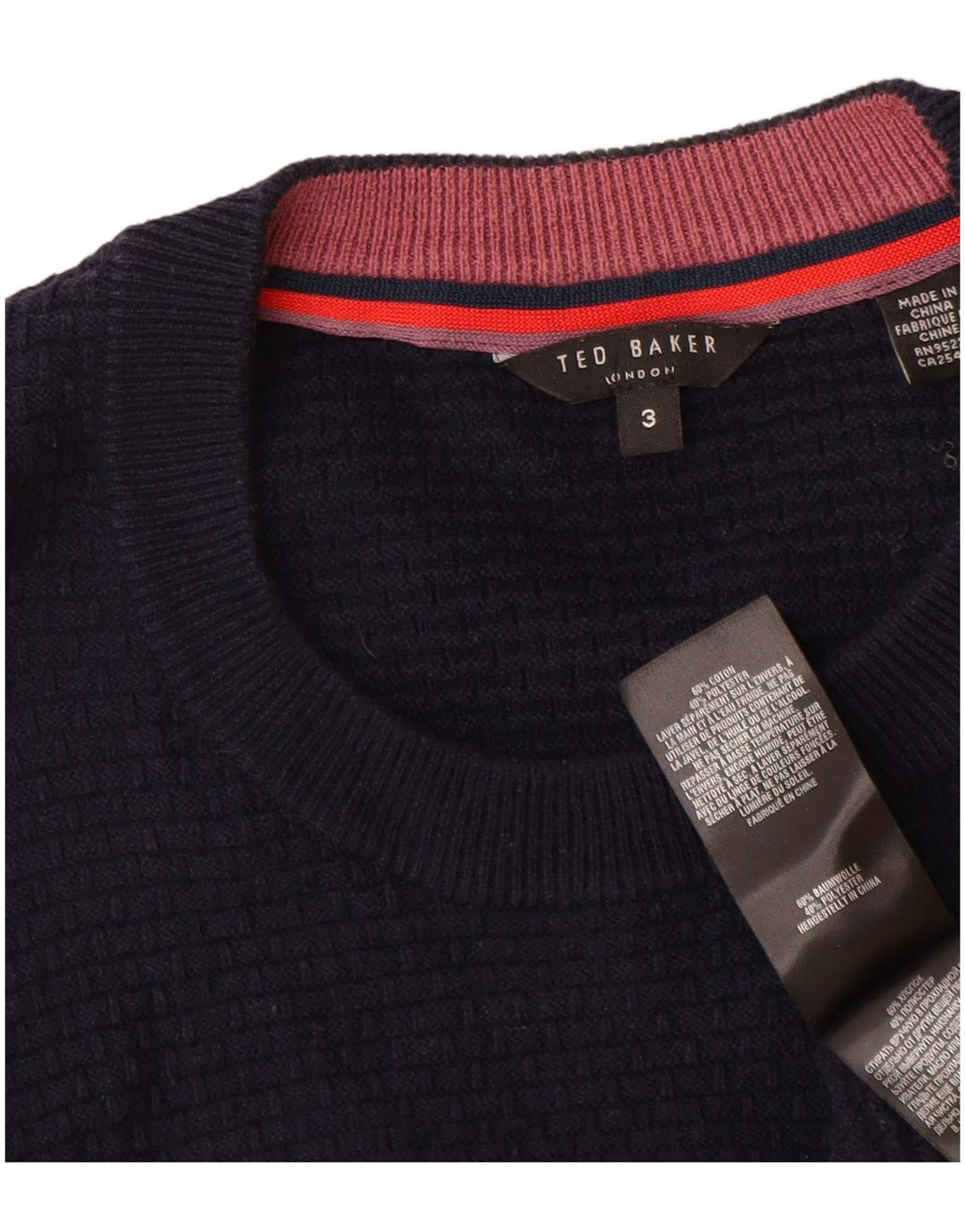 Ted Baker, muški džemper s okruglim izrezom, veličina 3, srednje tamnoplavi pamuk