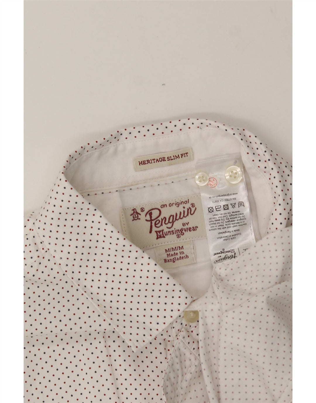 PENGUIN Mens Heritage Slim Fit Shirt Medium White Spotted Cotton Vintage Penguin and Second-Hand Penguin from Messina Hembry 