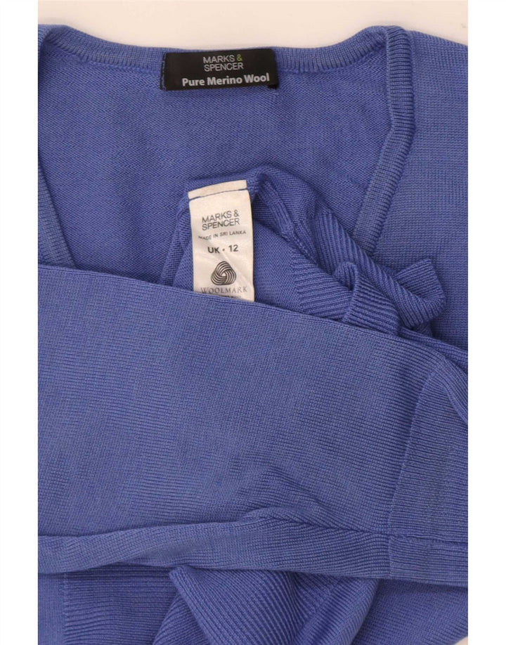 Marks & Spencer ženski džemper s V-izrezom UK 12 Srednje plava merino vuna