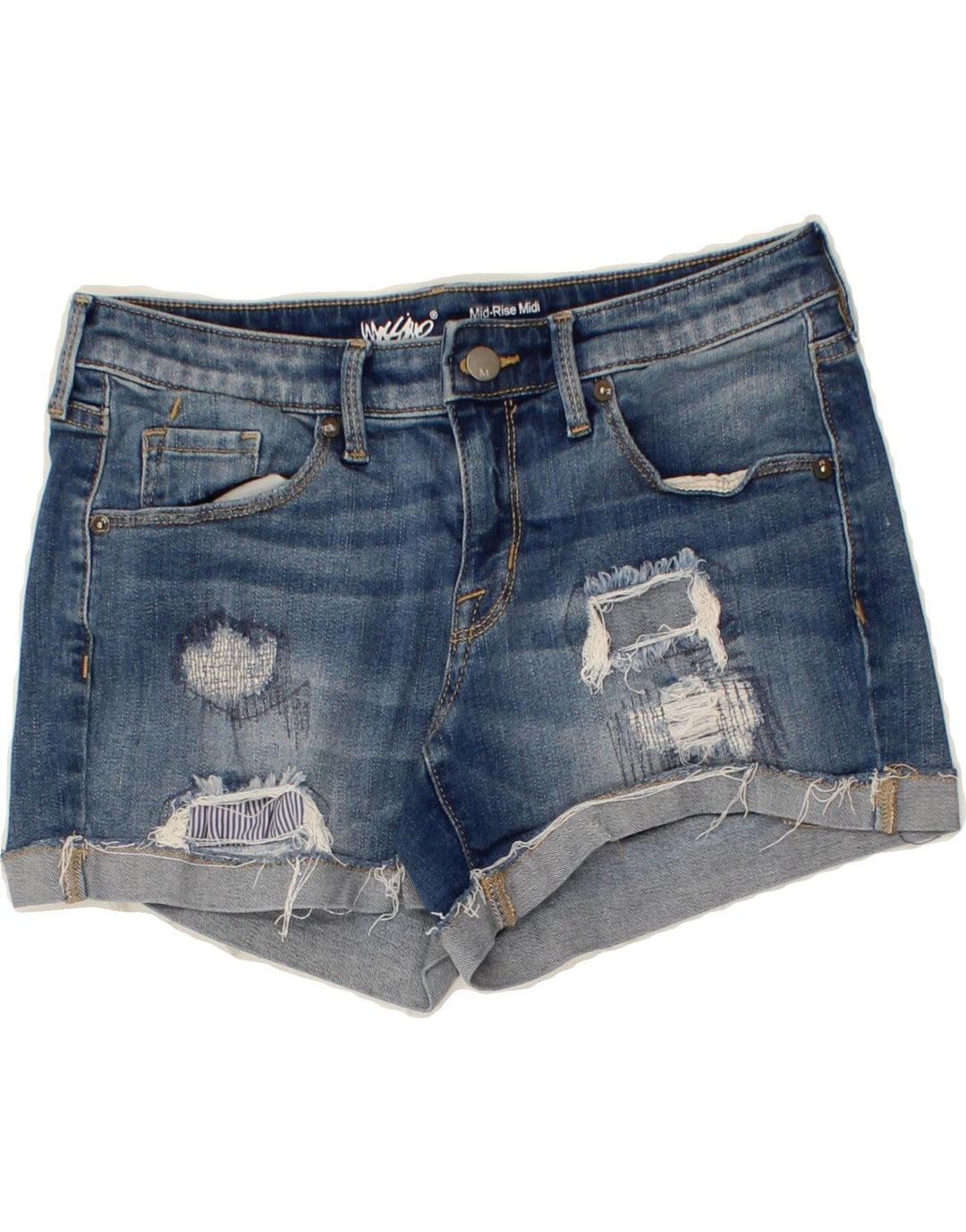 MOSSIMO Womens Distressed Mid Rise Denim Shorts US 4 Small W27 Blue Cotton Vintage Mossimo and Second-Hand Mossimo from Messina Hembry 