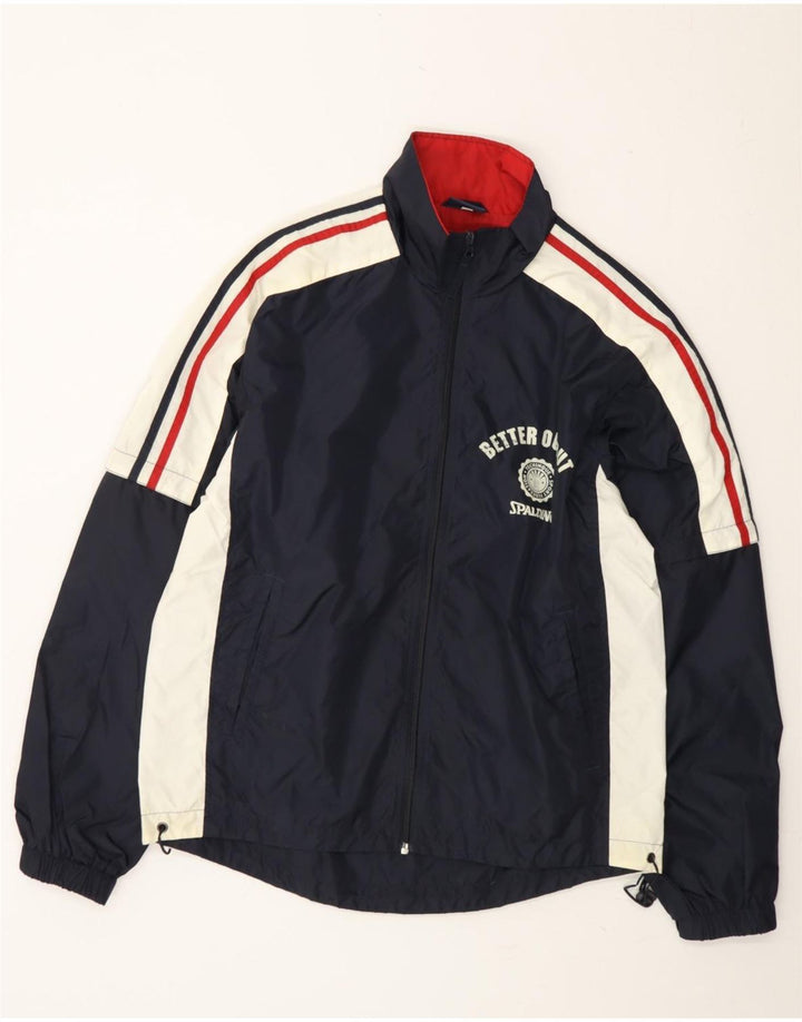 SPALDING Mens Graphic Rain Jacket UK 36 Small Navy Blue Colourblock Nylon Vintage Spalding and Second-Hand Spalding from Messina Hembry 