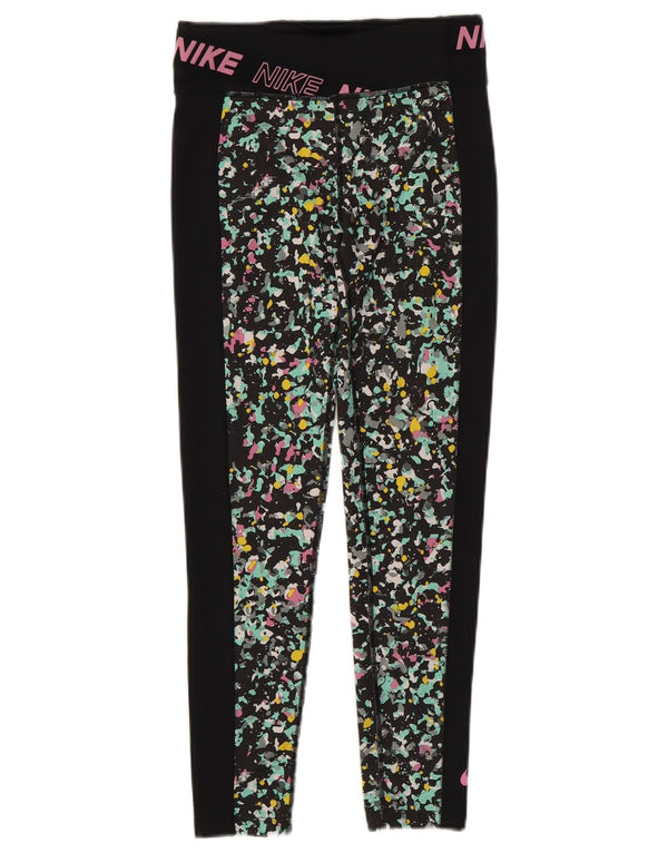 NIKE Girls Dri Fit Graphic Leggings 12-13 Years Large Black Spotted