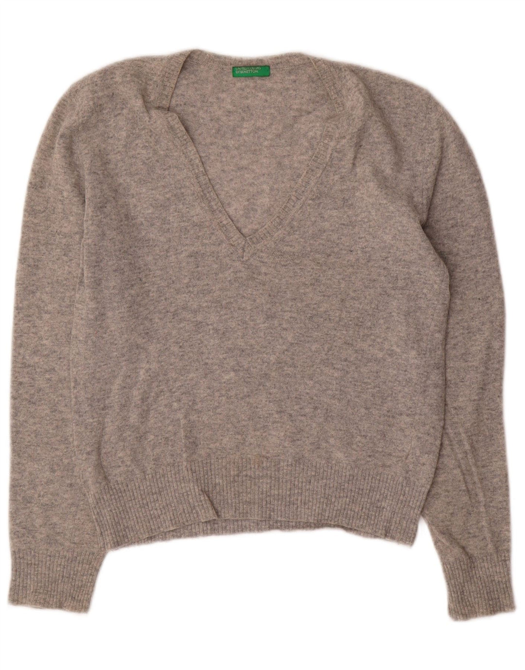 BENETTON Womens V-Neck Jumper Sweater UK 14 Medium Grey Classic