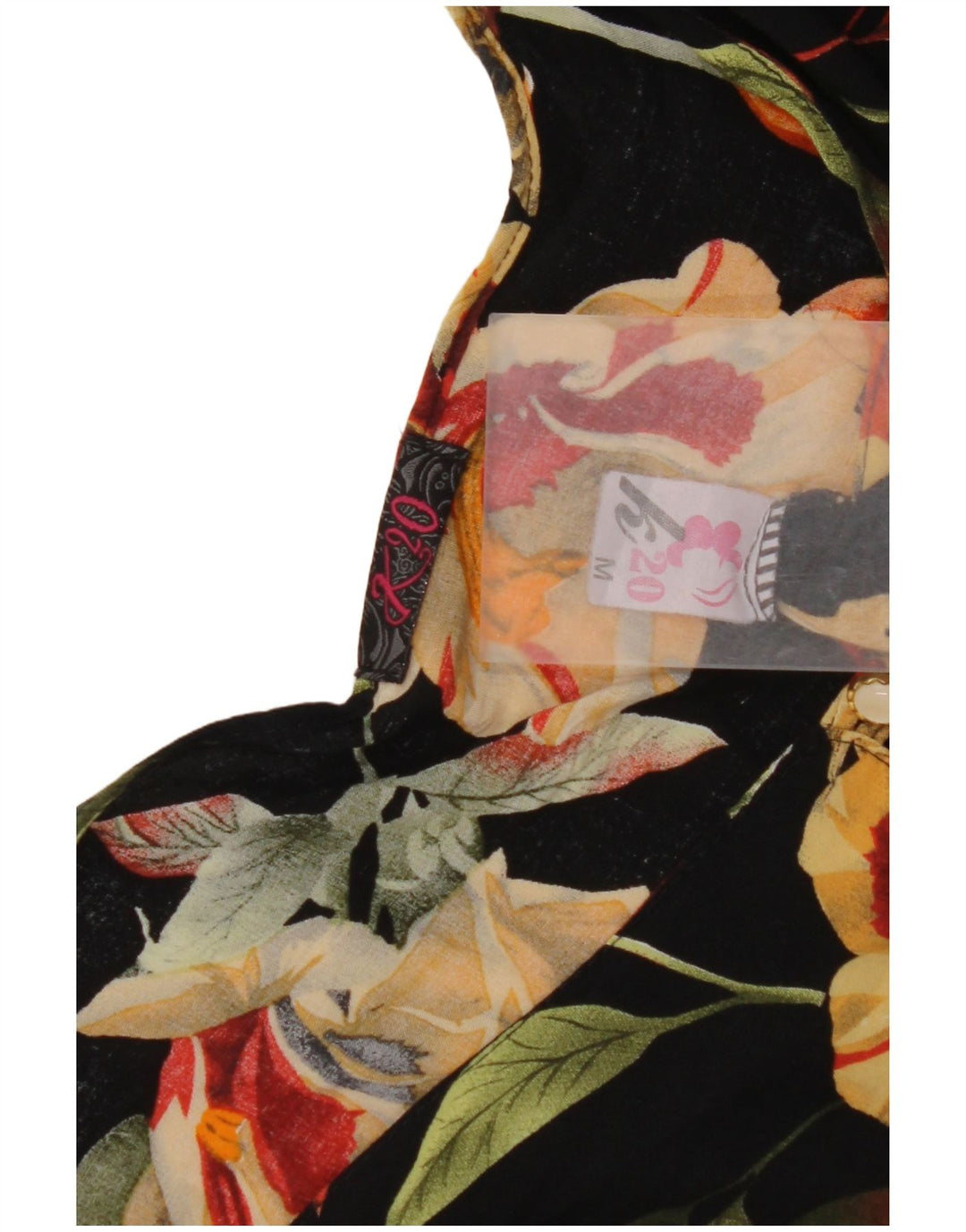 VINTAGE Ženska skraćena košulja bluza UK 12 Srednje crna cvjetna viskoza