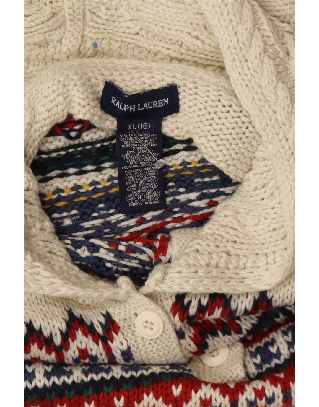 RALPH LAUREN Džemper s kapuljačom za djevojčice 15-16 godina XL Bijeli Fair Isle pamuk