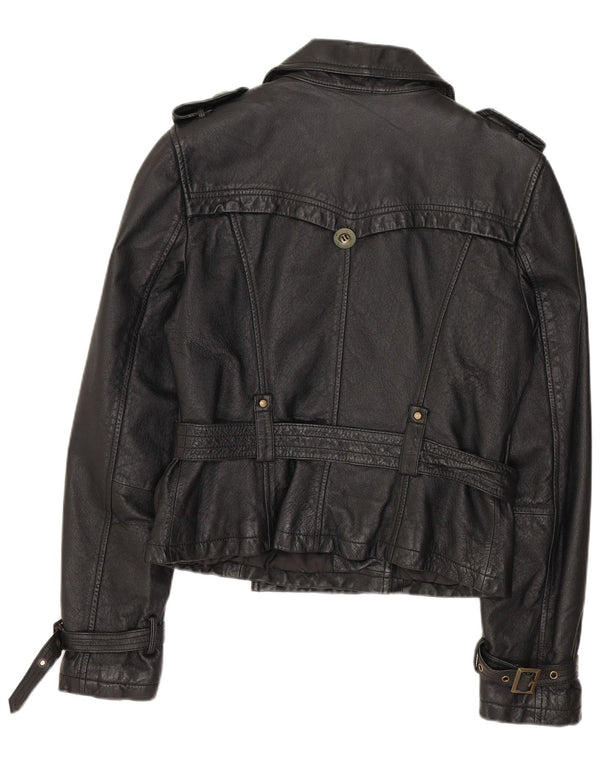 SPECCHIO ženska vojna kožna jakna UK 12 srednje crna koža
