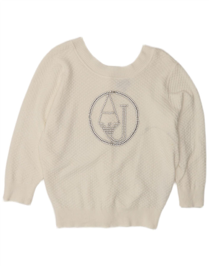 ARMANI JEANS Womens Graphic Boat Neck Jumper Sweater IT 42 Medium White