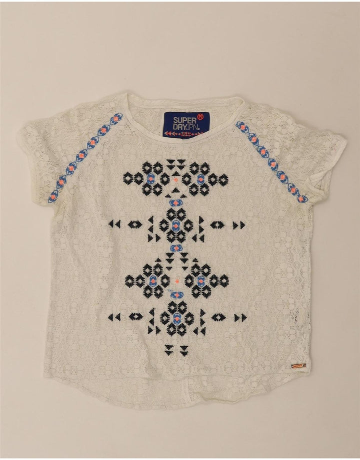 SUPERDRY Womens See Through Lace Blouse Top UK 10 Small White Geometric Vintage Superdry and Second-Hand Superdry from Messina Hembry 