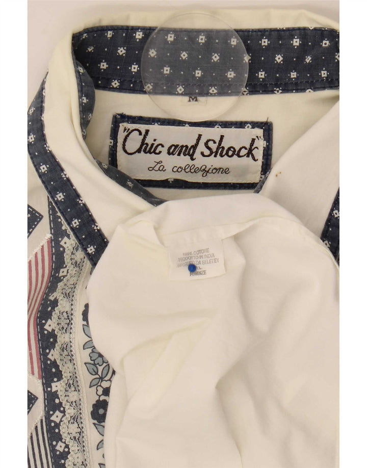 Vintage ženska prevelika košulja bluza UK 14 Srednje bijeli geometrijski pamuk