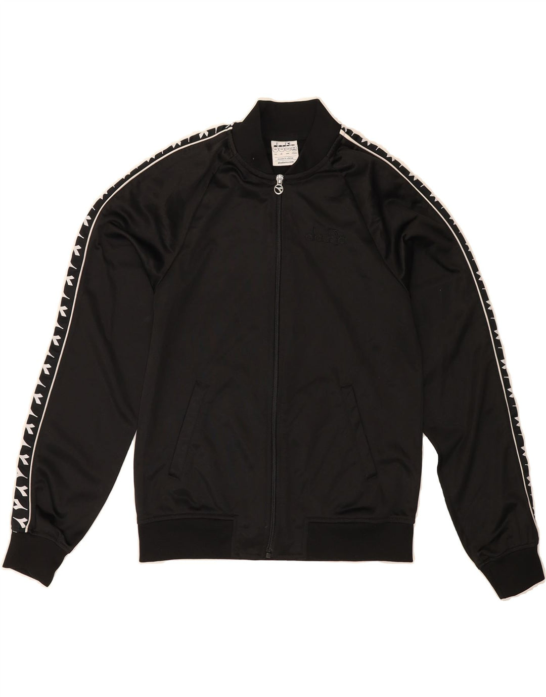 DIADORA Womens Graphic Tracksuit Top Jacket UK 6 XS Black Polyester Vintage Diadora and Second-Hand Diadora from Messina Hembry 