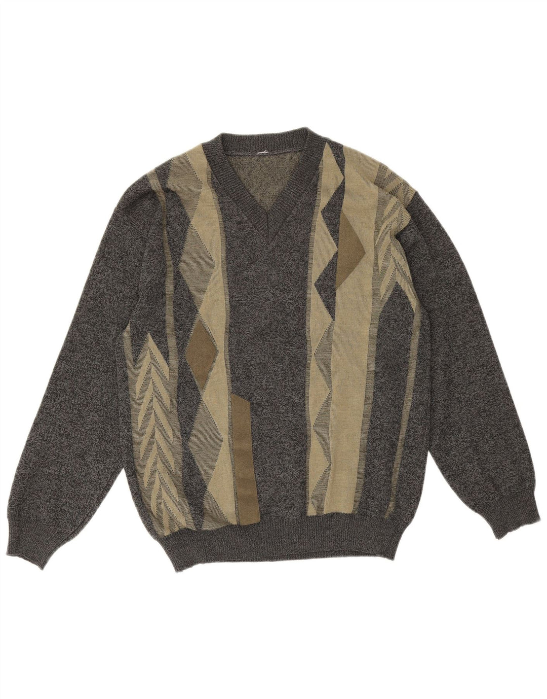 Vintage muški džemper s V-izrezom srednje sive geometrijske merino vune