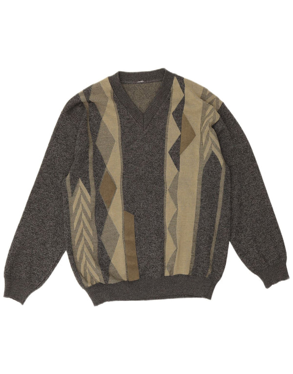 Vintage muški džemper s V-izrezom srednje sive geometrijske merino vune