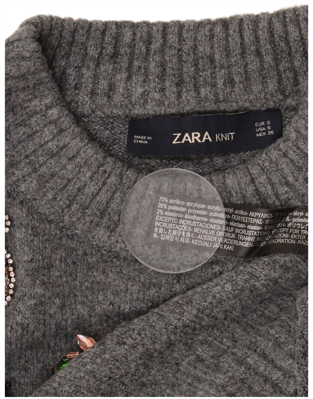 Zara ženski džemper s okruglim izrezom s velikim grafičkim detaljima UK 10 Small Gray