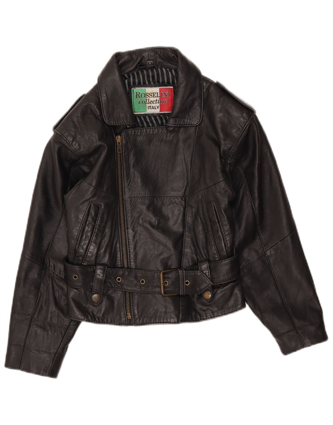 Vintage ženska crna kožna biciklistička jakna UK 8 Mala crna kožna