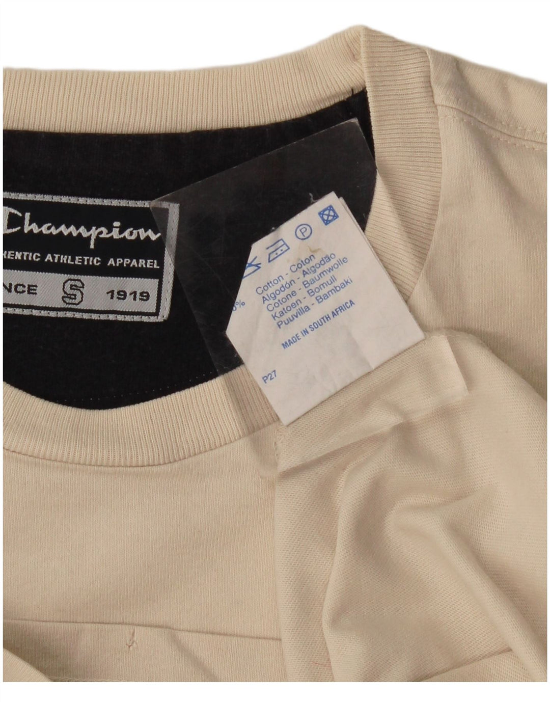 CHAMPION Mens Graphic T-Shirt Top Small Off White Cotton