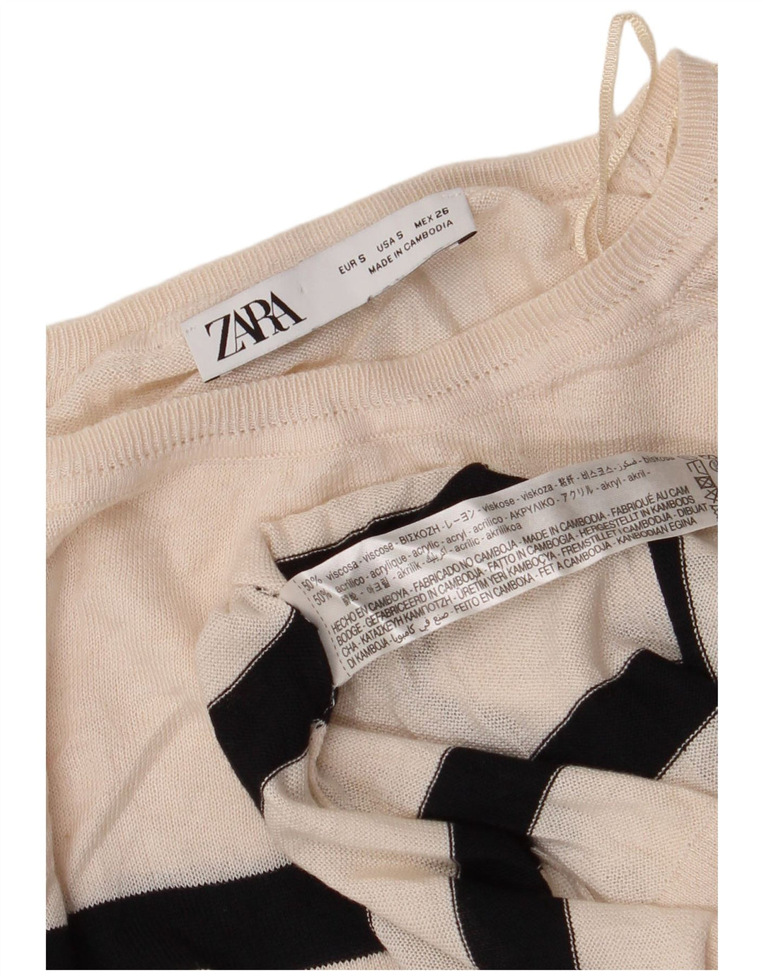 ZARA ženski pulover s kratkim izrezom, UK 10, mali sivo bijeli na pruge