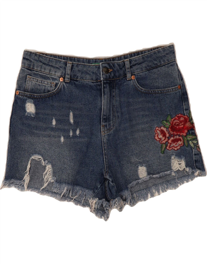 BENETTON Womens Distressed Denim Shorts  W30 Medium Blue Floral Cotton Vintage Benetton and Second-Hand Benetton from Messina Hembry 