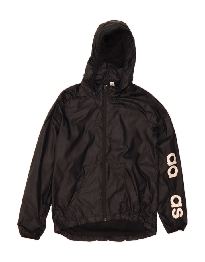ADIDAS Womens Oversized Graphic Hooded Rain Jacket UK 8/10 Small Black Vintage Adidas and Second-Hand Adidas from Messina Hembry 