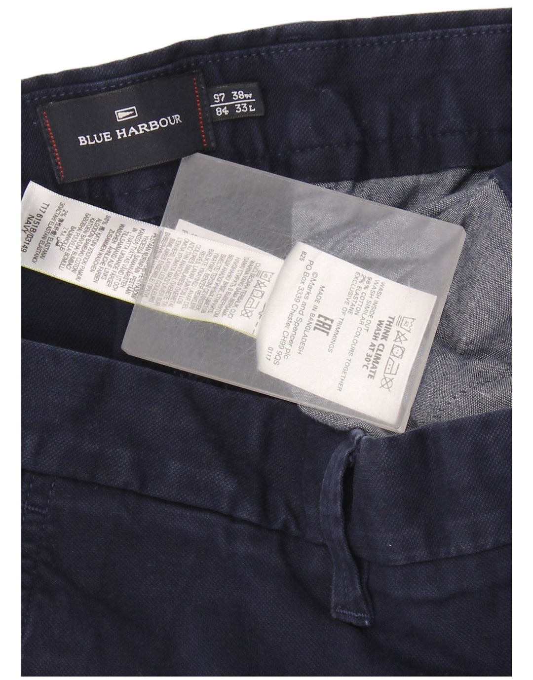 Marks & Spencer muške chino hlače Blue Harbor W38 L33 tamnoplavi pamuk