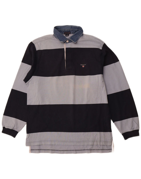 GANT Mens Long Sleeve Rugby Polo Shirt Medium Navy Blue Striped Cotton
