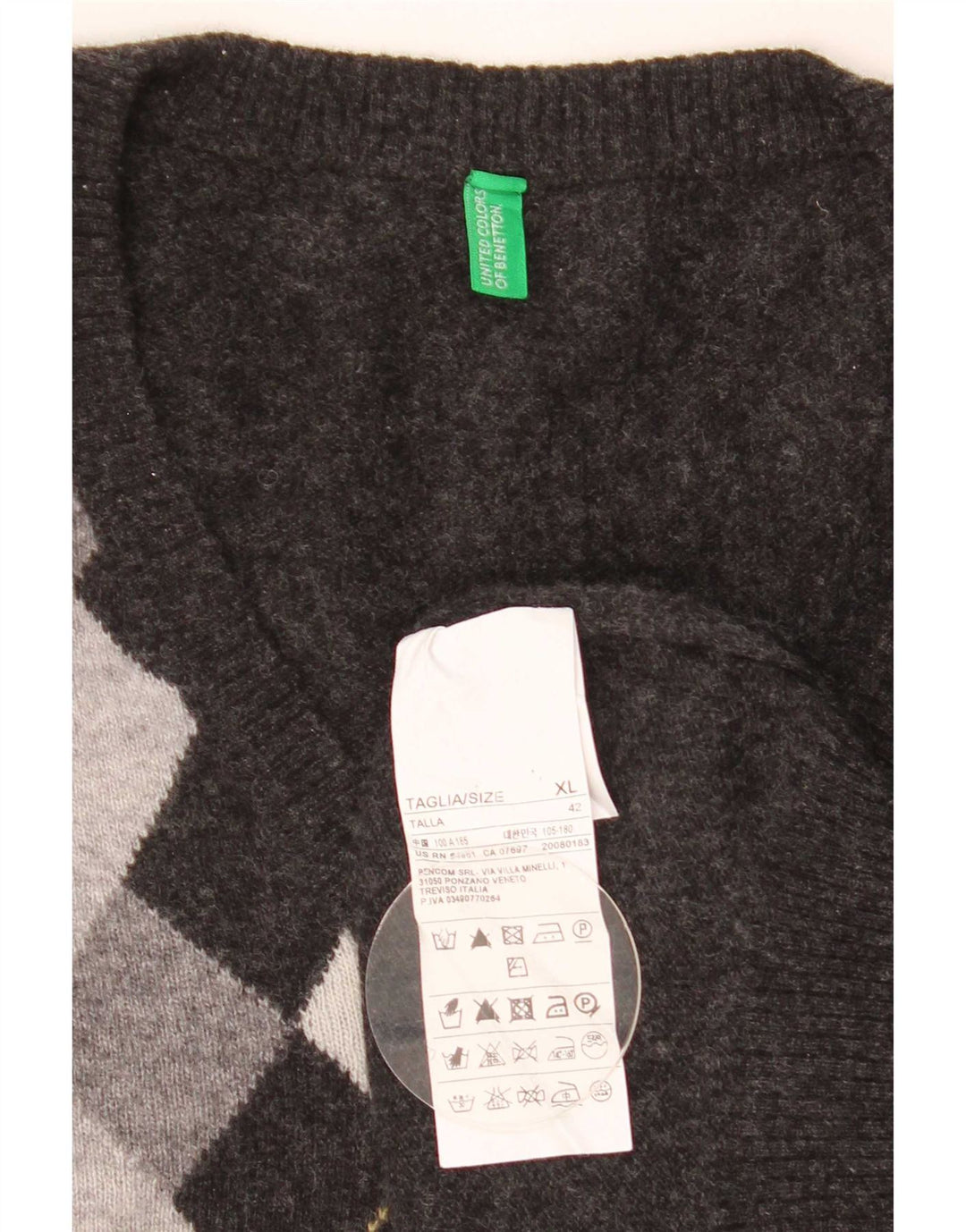 Benetton muški džemper s V-izrezom XL Sivi Argyle/Diamond Wool