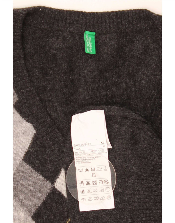 Benetton muški džemper s V-izrezom XL Sivi Argyle/Diamond Wool