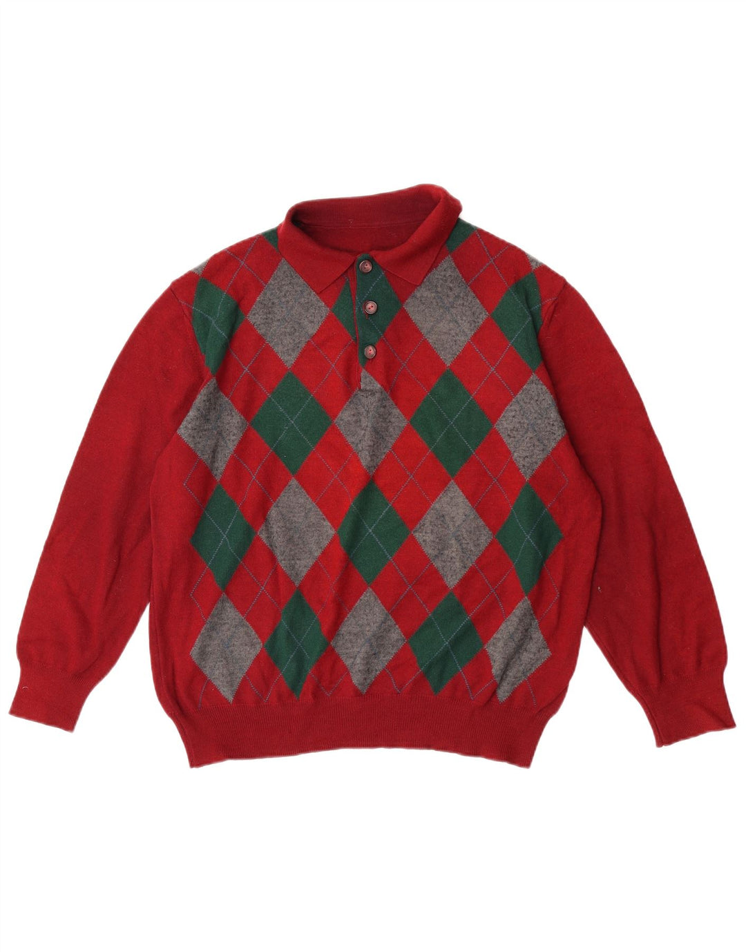 VINTAGE muški džemper s polo izrezom Veliki crveni Argyle/Diamond