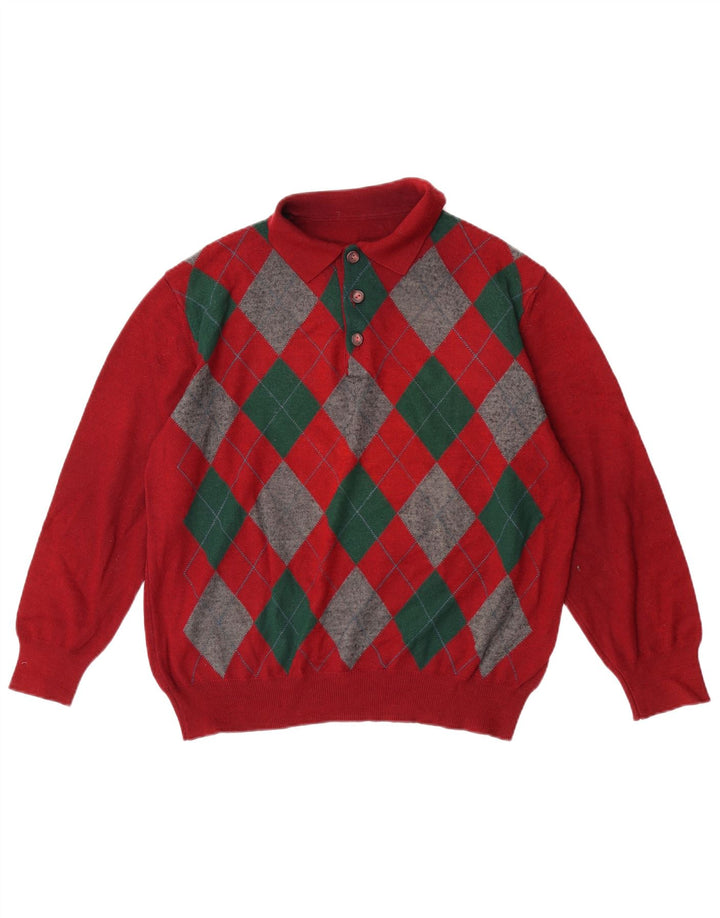 VINTAGE muški džemper s polo izrezom Veliki crveni Argyle/Diamond