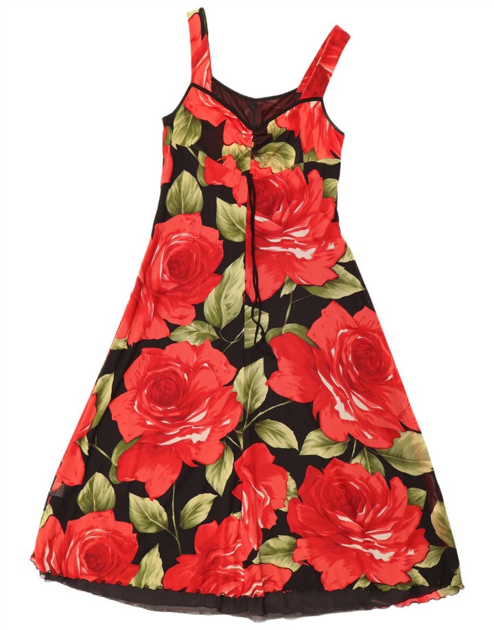 VINTAGE ženska maksi haljina bez rukava UK 12 srednje crna cvjetna poliamida