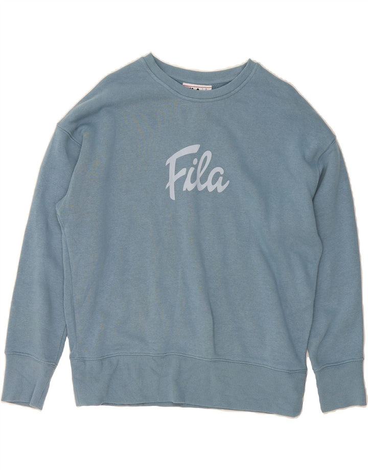 FILA Womens Graphic Sweatshirt Jumper UK 14 Medium Blue Cotton Vintage Fila and Second-Hand Fila from Messina Hembry 