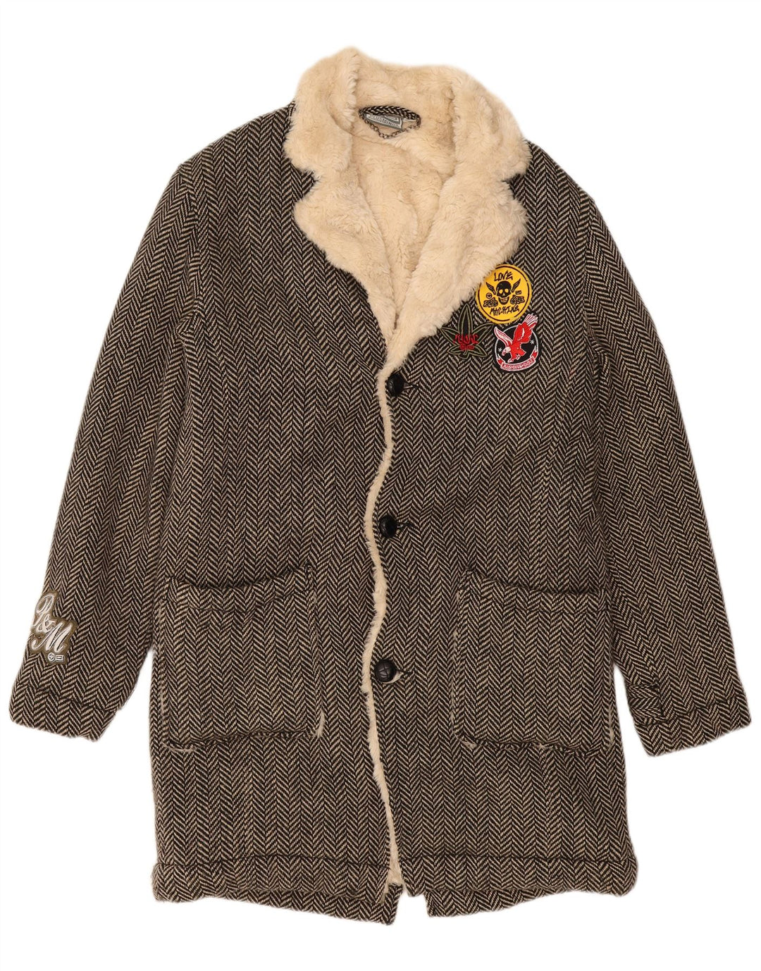 VINTAGE Womens Graphic Sherpa Overcoat UK 16 Large Grey Herringbone
