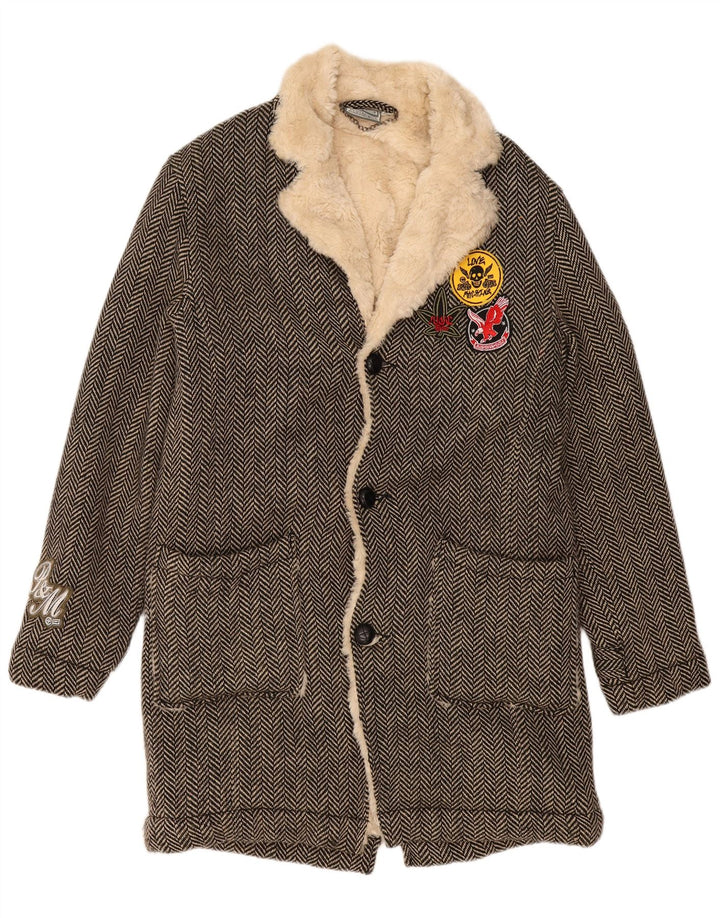 VINTAGE Womens Graphic Sherpa Overcoat UK 16 Large Grey Herringbone