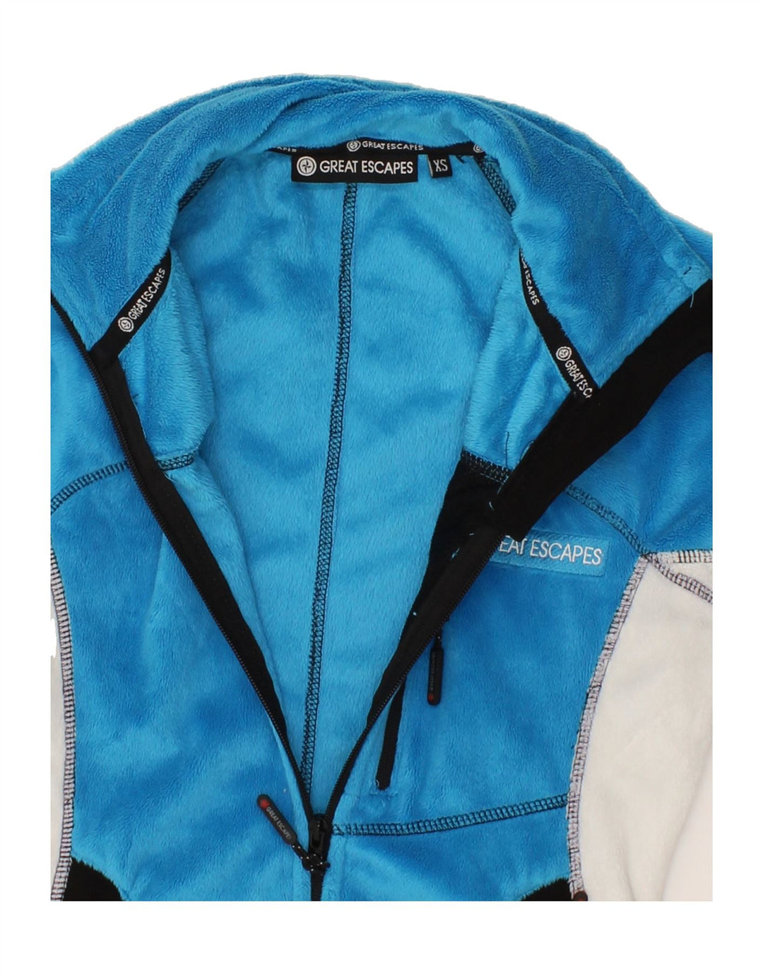 GREAT ESCAPES Womens Fleece Jacket UK 6 XS Blue Colourblock Polyester Vintage Great Escapes and Second-Hand Great Escapes from Messina Hembry 