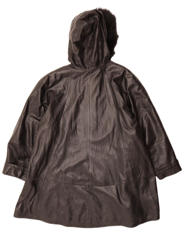 VINTAGE ženski preveliki kožni kaput s kapuljačom IT 42 Srednja crna koža