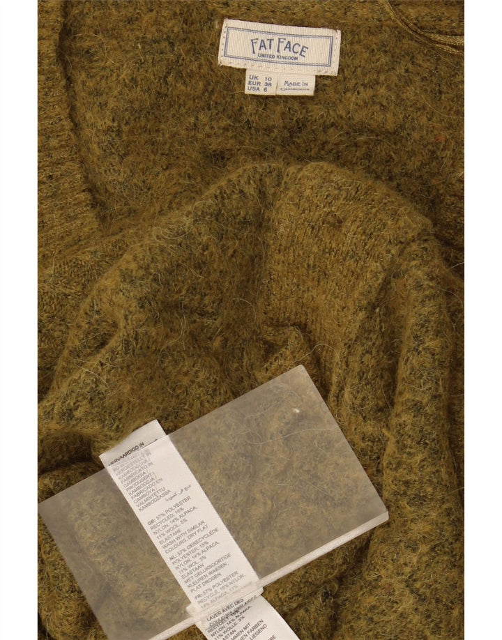 FAT FACE Womens V-Neck Jumper Sweater UK 10 Small Khaki Polyester