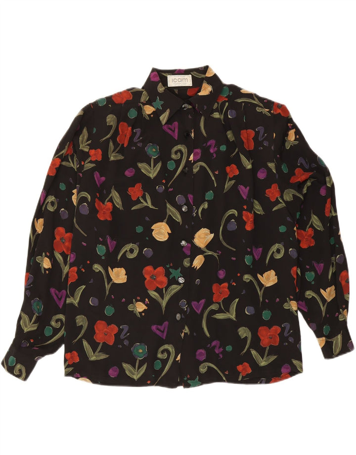 ICAM Womens Shirt Blouse IT 46 Large Black Floral Acetate