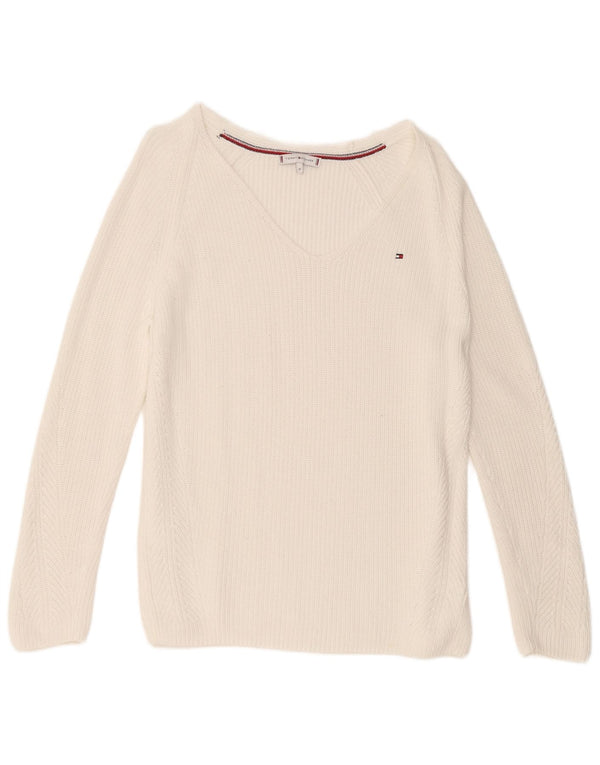 Tommy Hilfiger Ženski džemper s V-izrezom UK 14 Srednje bijeli pamuk