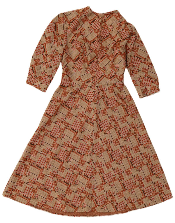 Vintage ženska haljina A kroja 3/4 rukava UK 10 Mala smeđa geometrijska haljina