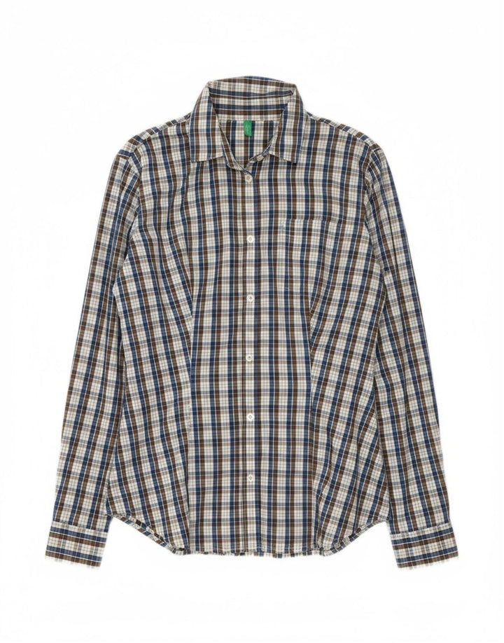 BENETTON Womens Shirt UK 14 Medium Navy Blue Check Cotton