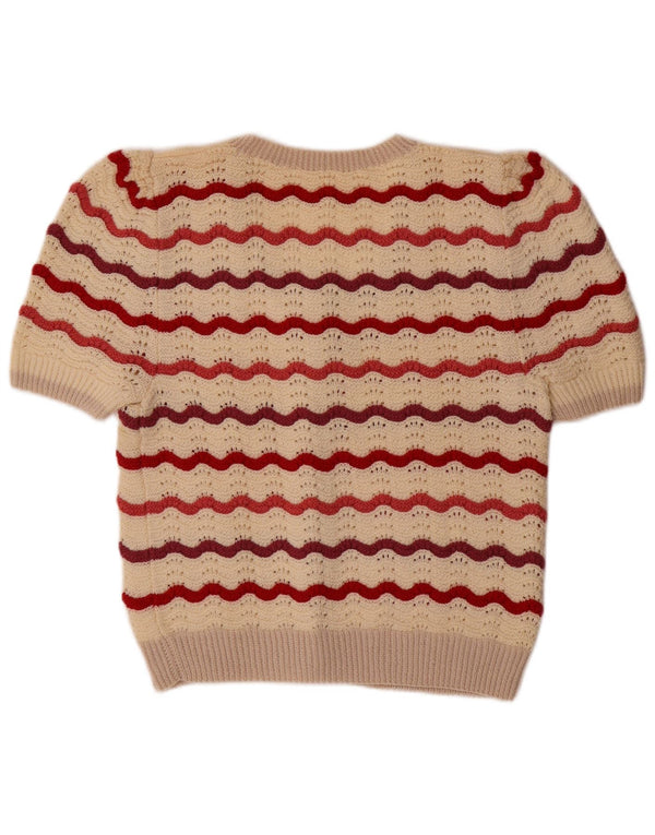 VINTAGE ženski kardigan džemper kratkih rukava UK 14 Srednje bež na pruge