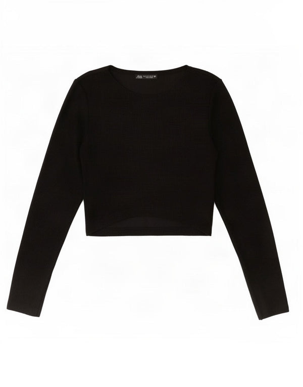 Zara Womens Crop Top Long Sleeve UK 12 Medium Black Polyester