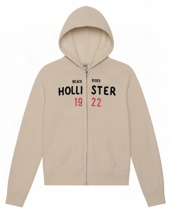 Hollister ženski džemper s kapuljačom s grafičkim patentnim zatvaračem UK 12 Srednje bijeli pamuk