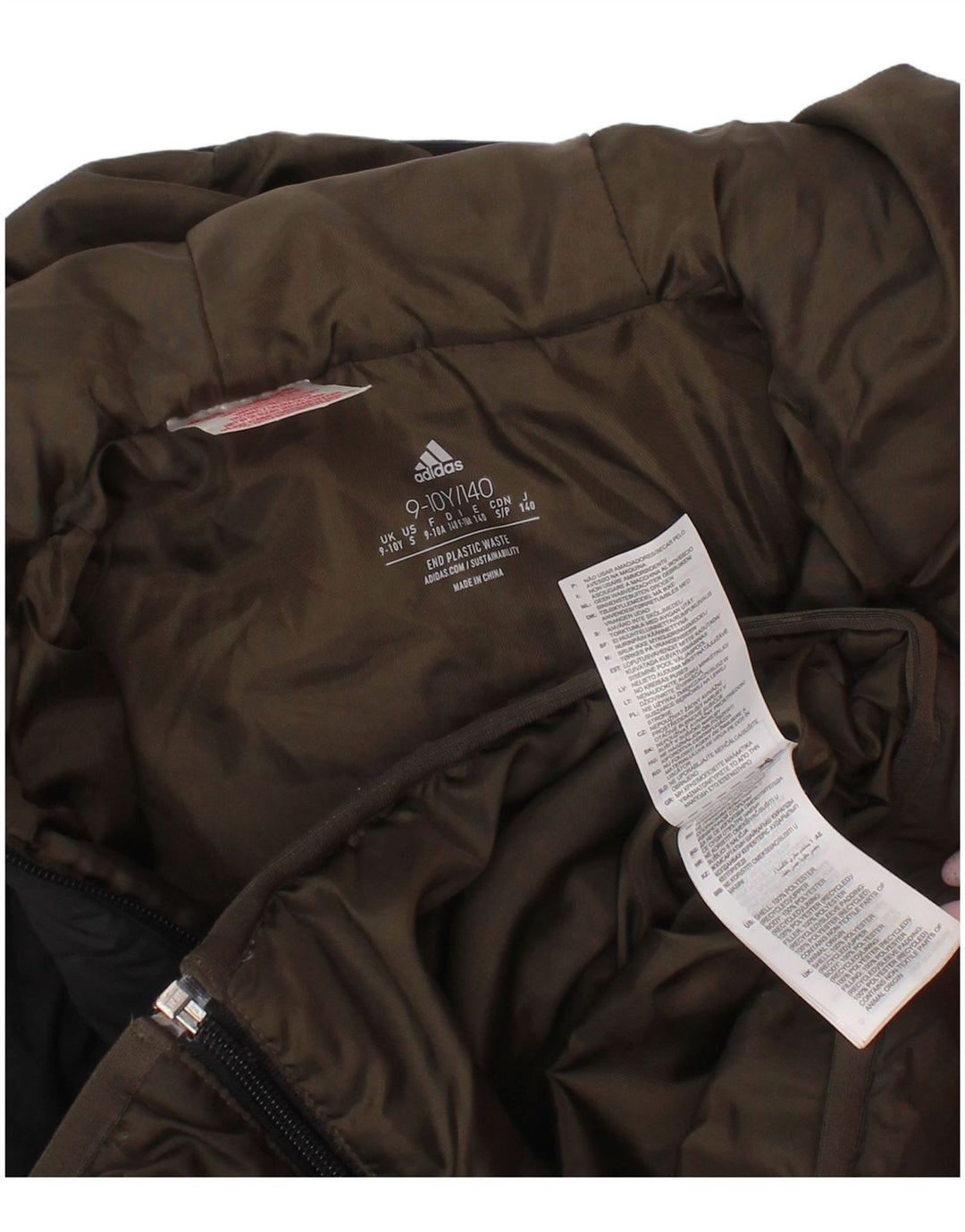 Podstavljena jakna s kapuljačom za dječake Adidas 9-10 godina kaki poliester u boji