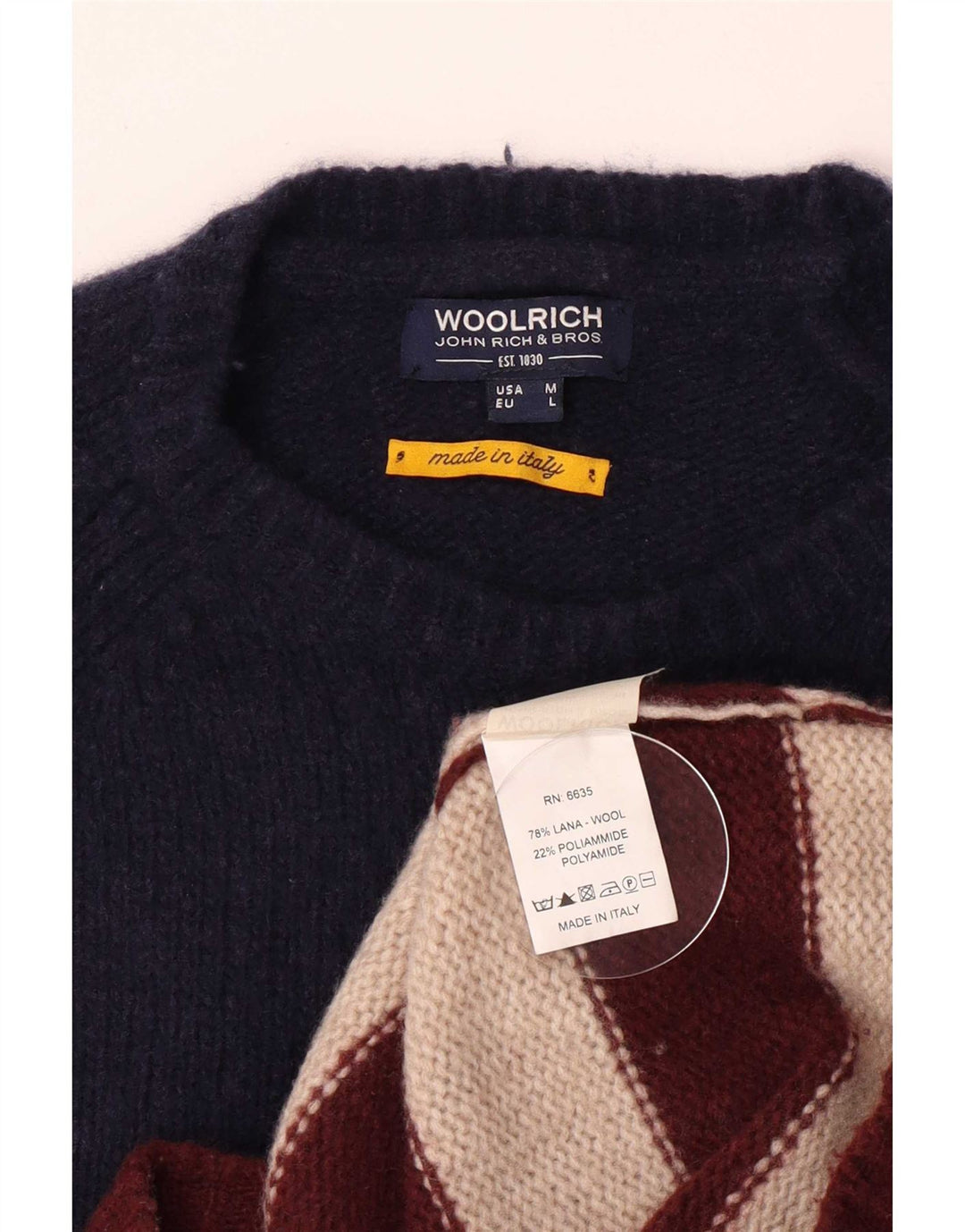 Woolrich muški džemper s okruglim izrezom srednje tamnoplave vune na pruge