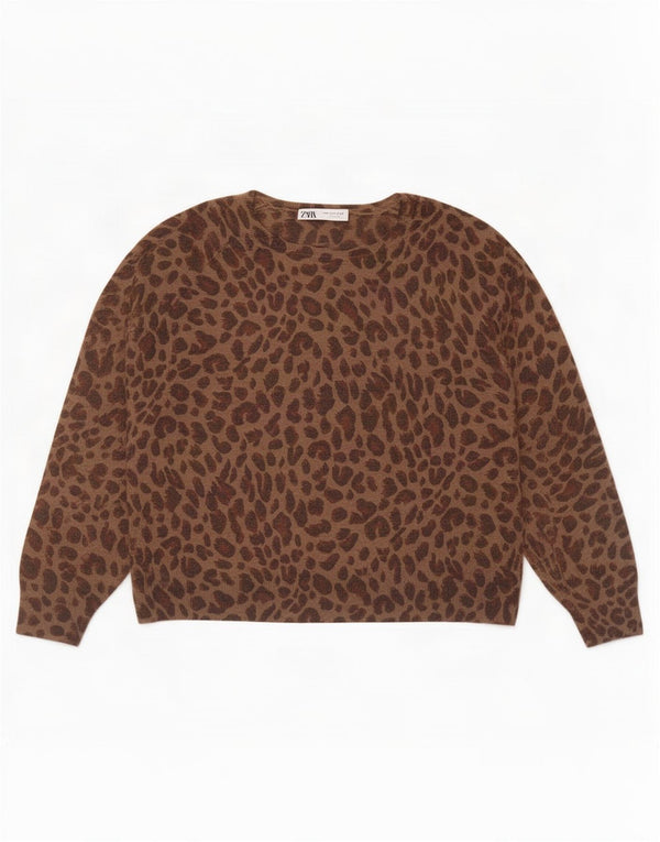 Zara Womens Boat Neck Jumper Sweater UK 14 Medium Brown Animal Print