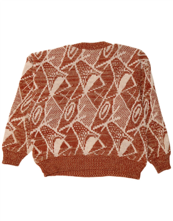 VINTAGE Womens V-Neck Jumper Sweater UK 14 Large  Brown Geometric