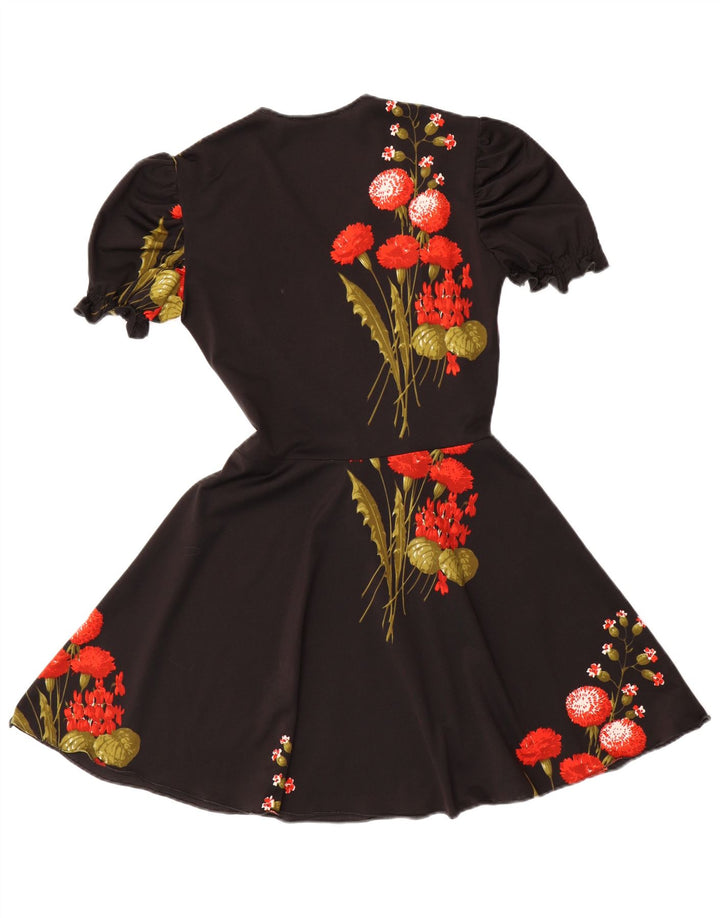 VINTAGE ženska haljina A-kroja UK 12 Srednje crna cvjetna